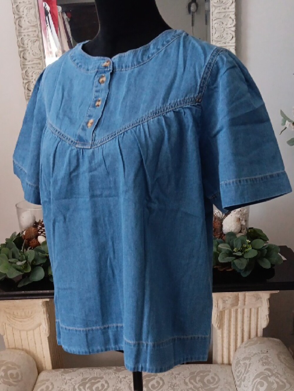 Denim Button Yoke Short Sleeve Top - Blue - Picture 2 of 7